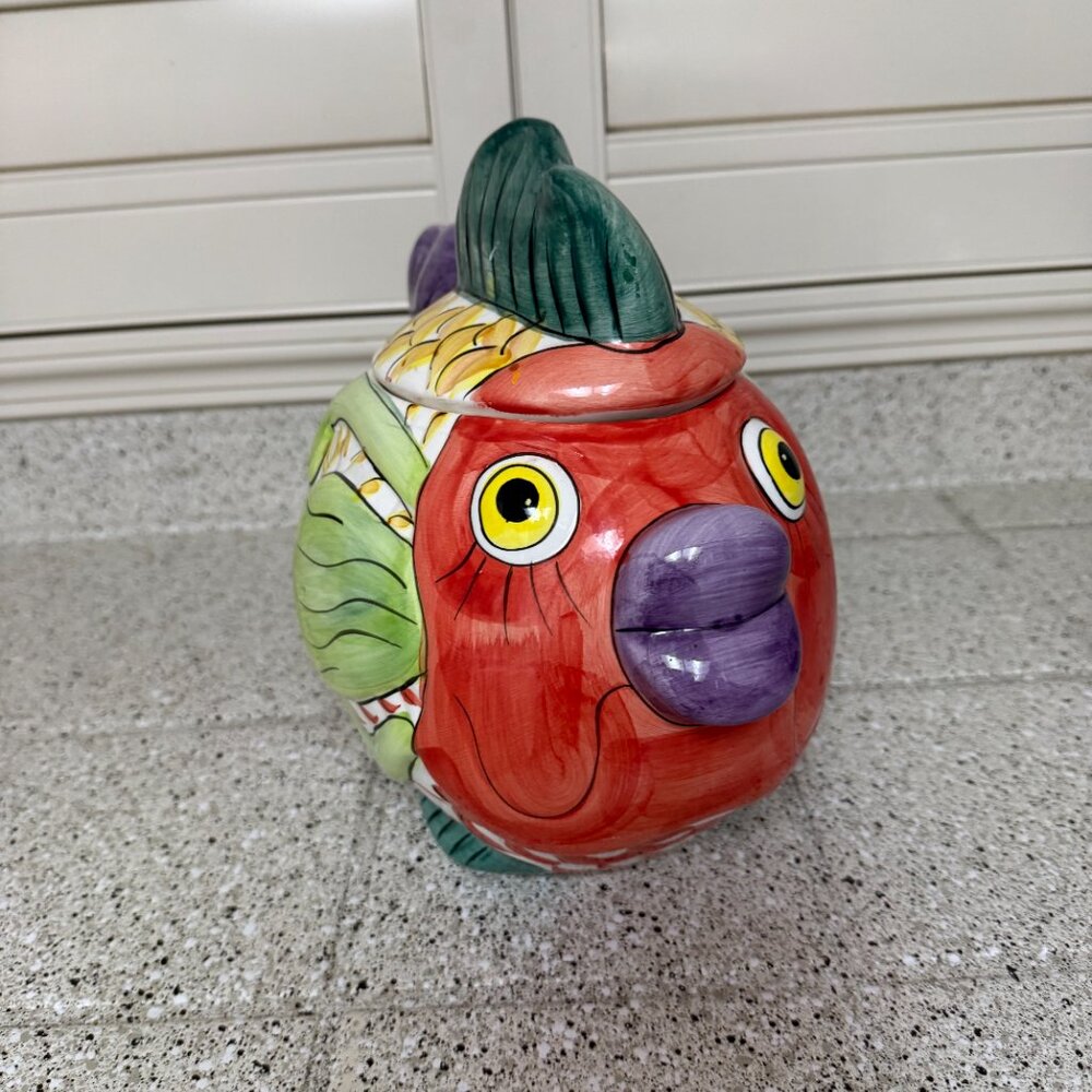 Vintage colorful koi fish ceramic cookie jar - Picture 2 of 10